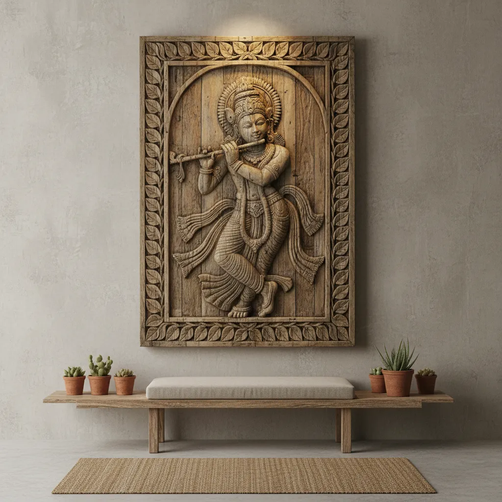 Large carved wooden wall panel hanging above a wooden bench with potted plants and rug