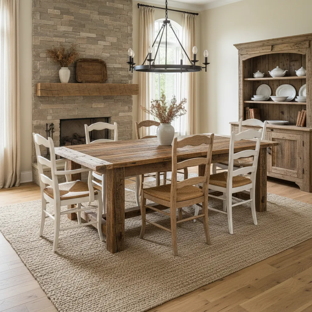Reclaimed wood dining table with weathered texture in rustic dining room