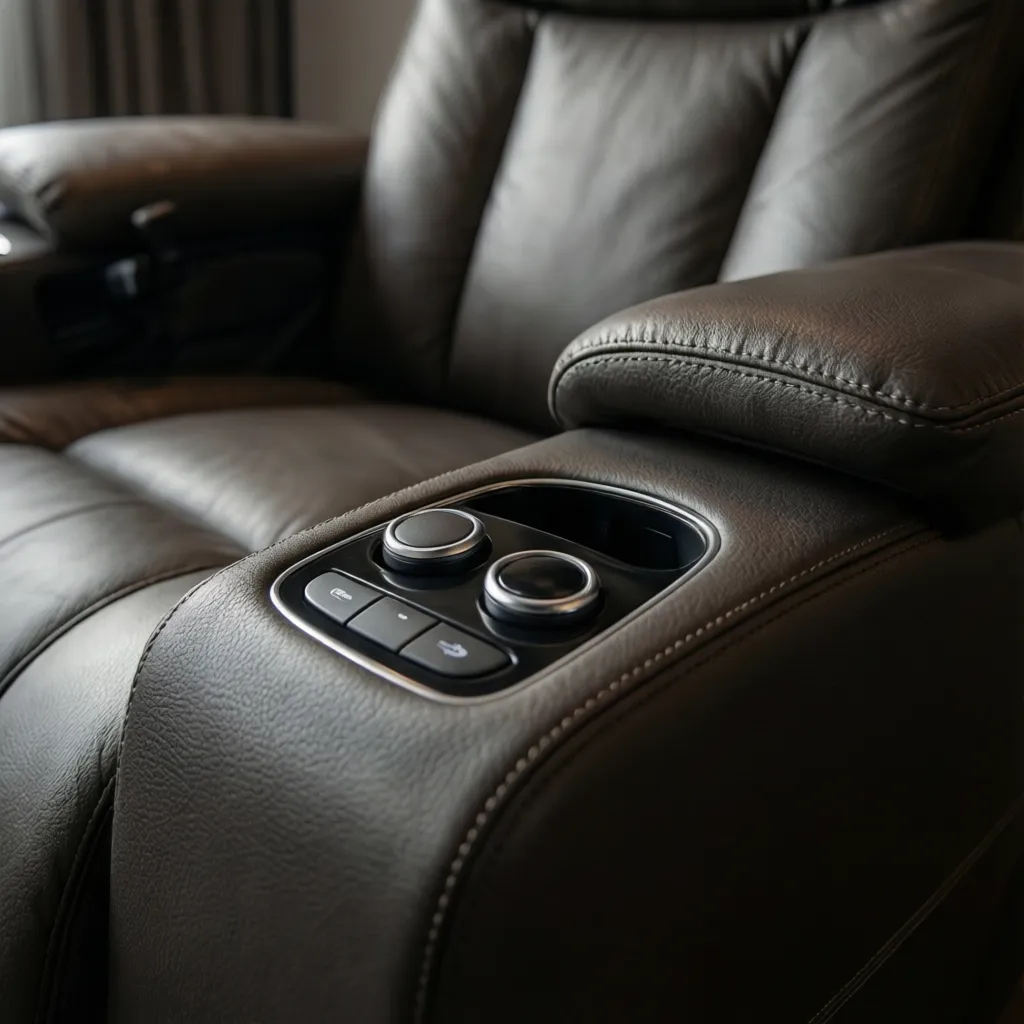 Close-up of power recliner control buttons on sofa armrest