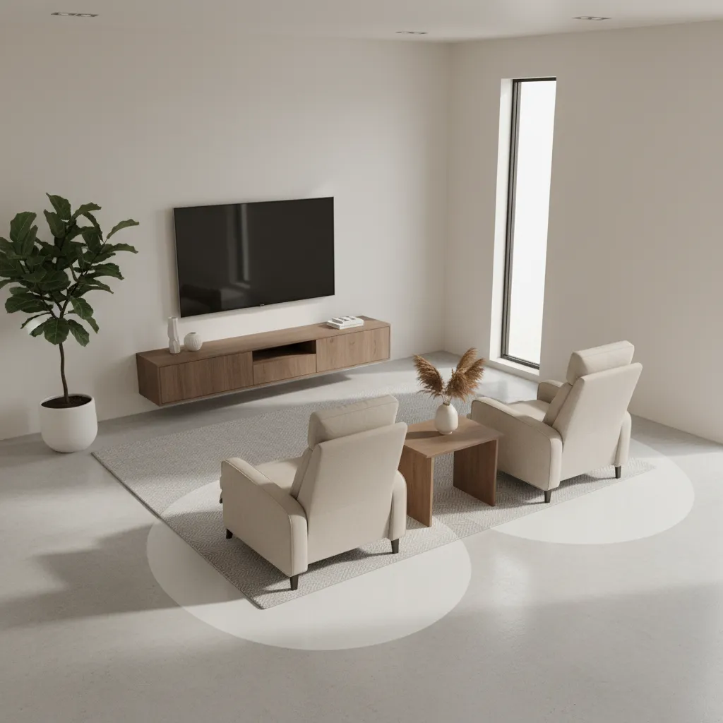 Diagram style living room showing recliner clearance space behind chairs