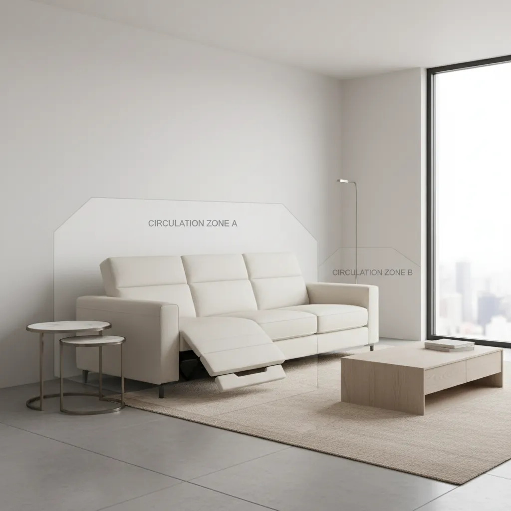 Diagram showing reclining sofa clearance space in a small living room