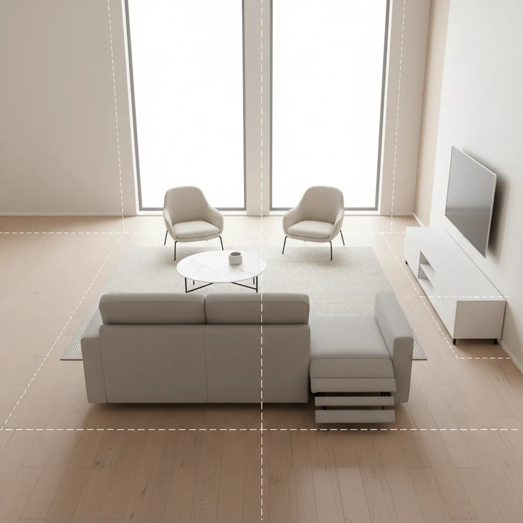 Living room layout showing reclining sofa clearance space