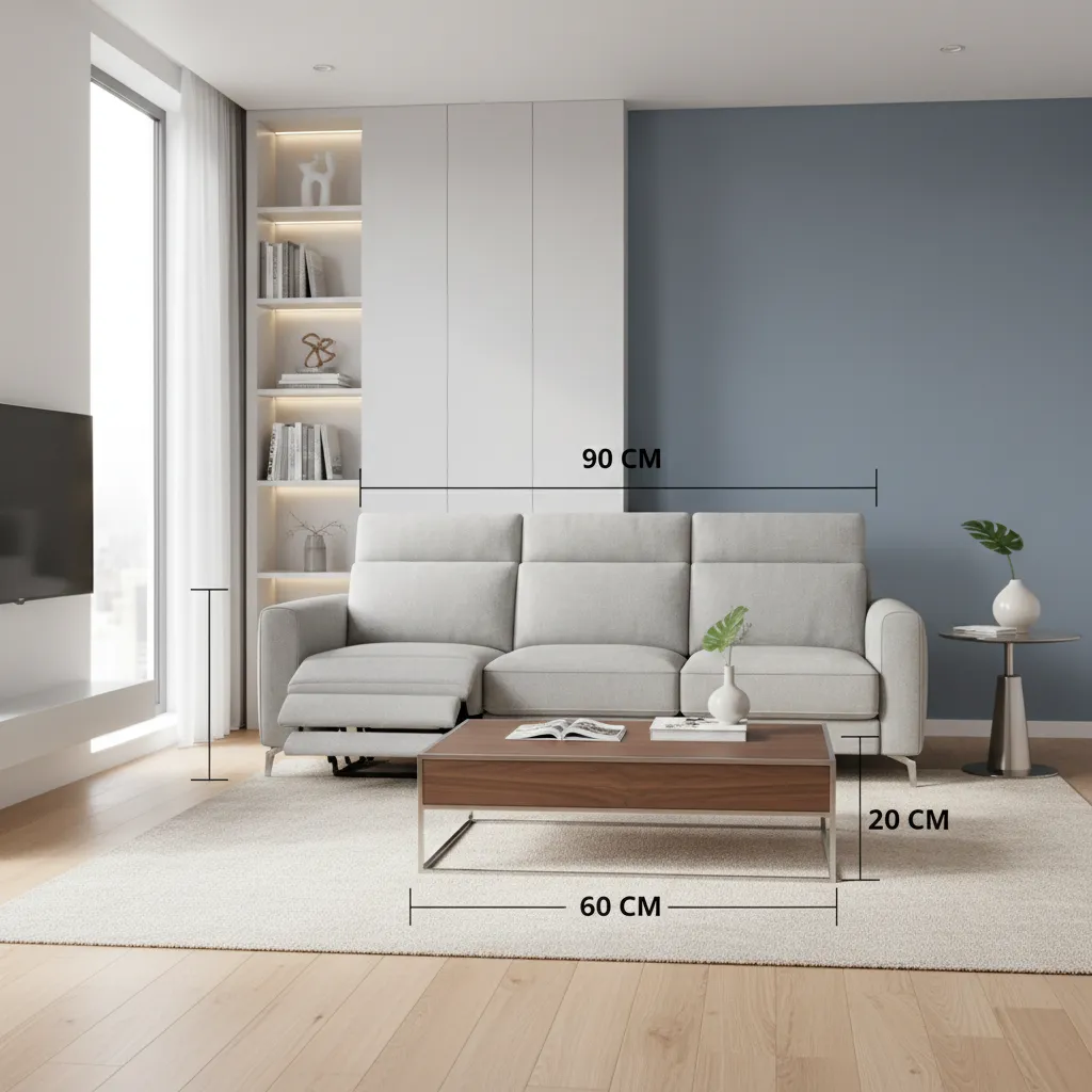 recliner sofa footrest extended near coffee table showing spacing requirements