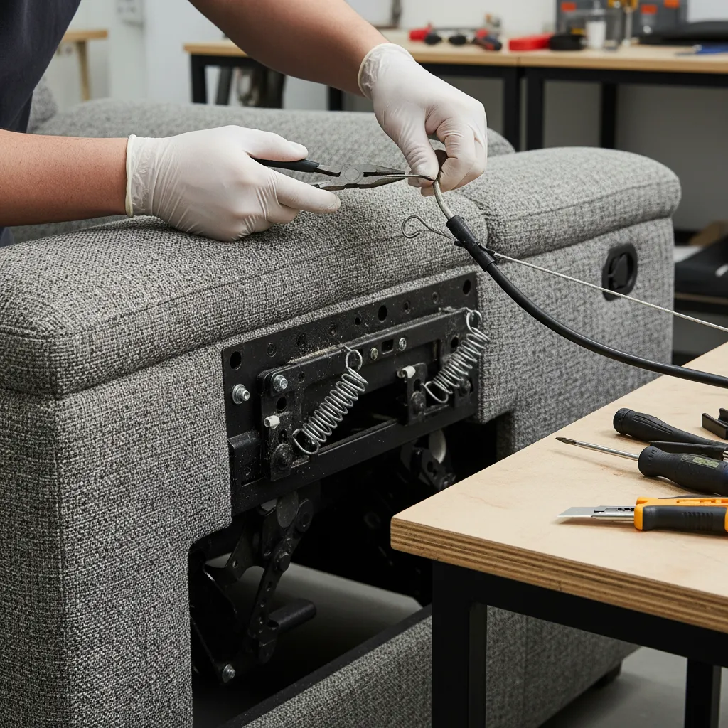 technician replacing recliner handle cable on sofa