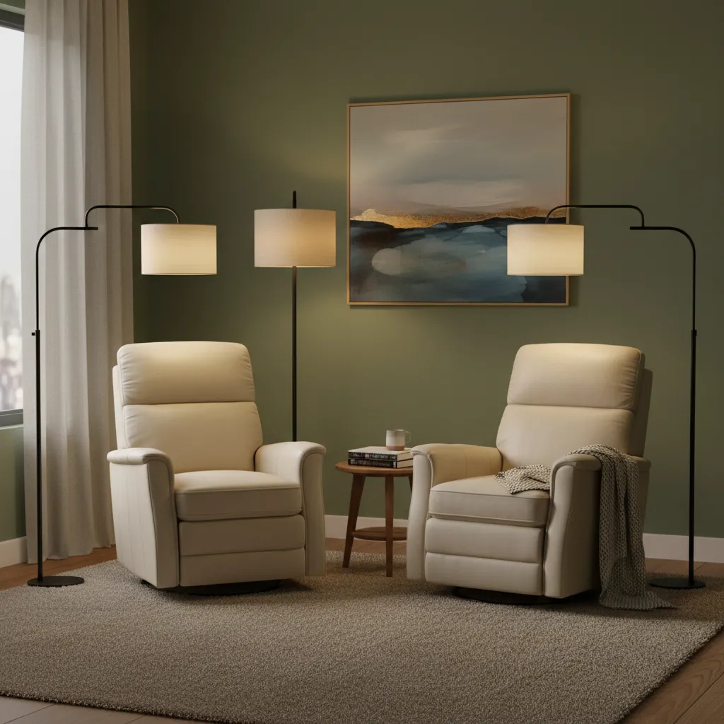 Two recliners styled with floor lamps creating a cozy reading area
