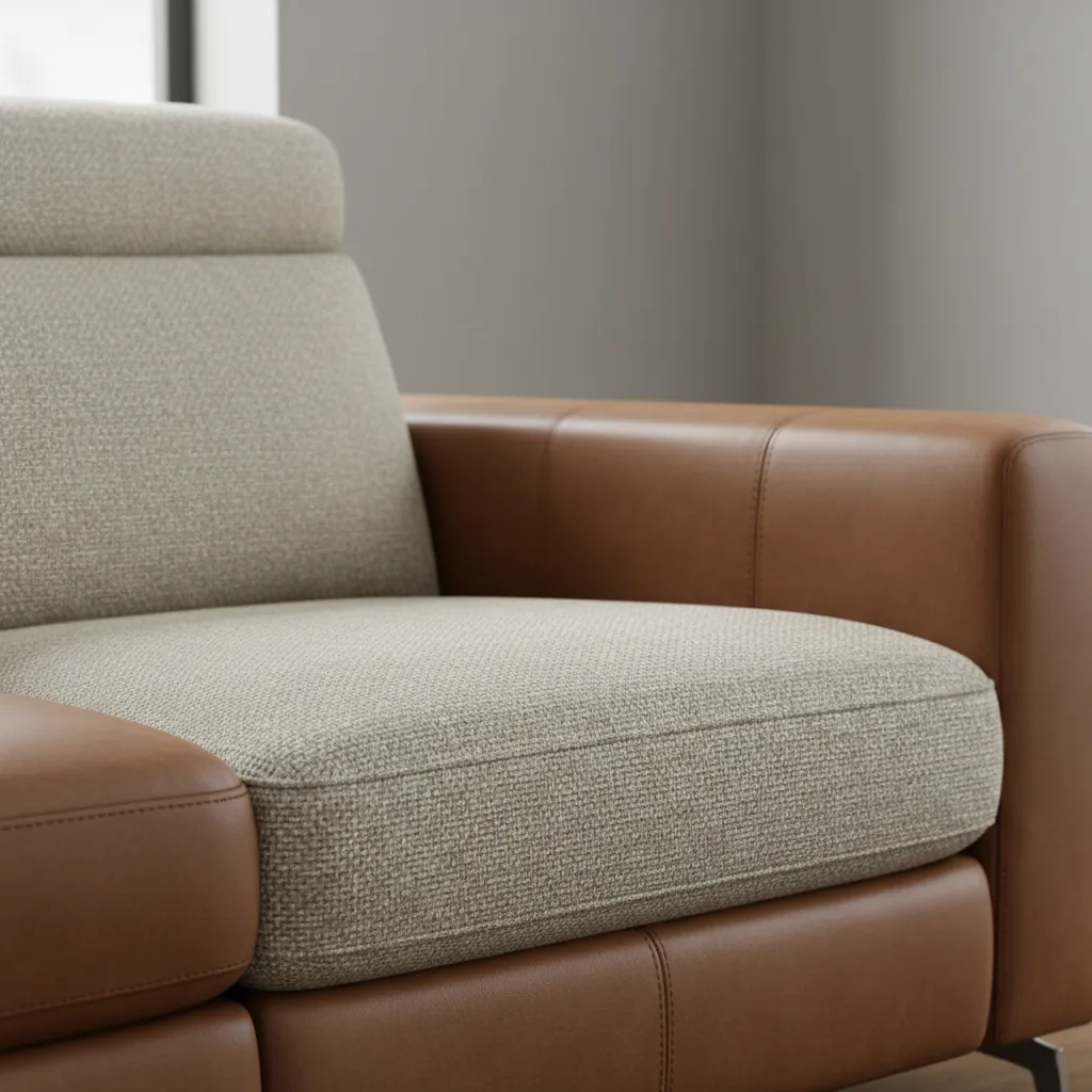 Close view of modern recliner sofa upholstery materials including fabric and leather