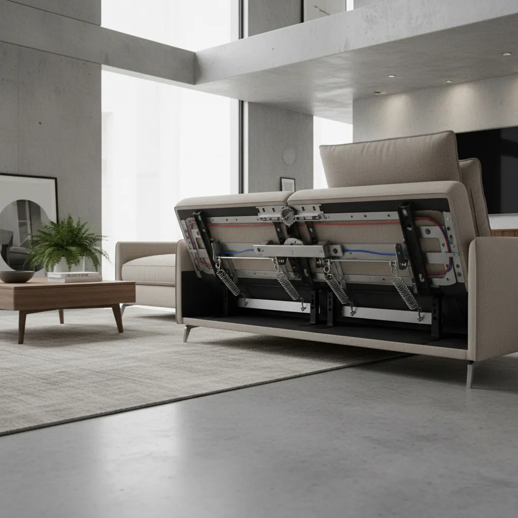 underside of reclining sofa showing metal linkage and reclining mechanism