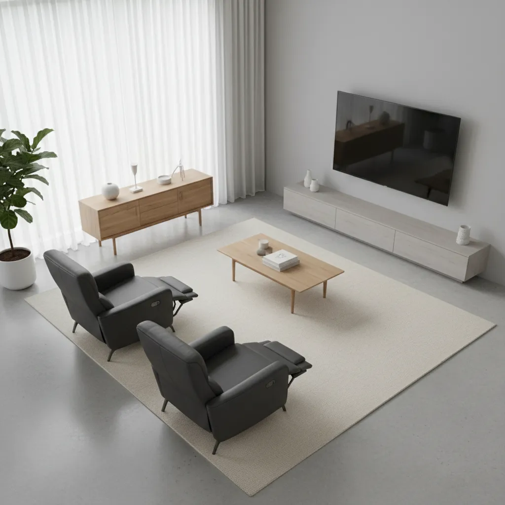 Living room layout showing spacing clearance behind recliner chairs