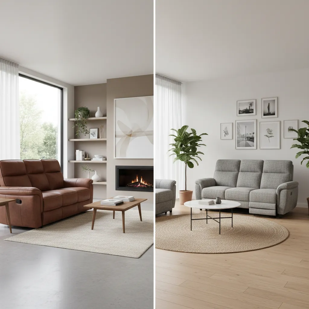 Comparison of leather and fabric reclining sofas in living rooms