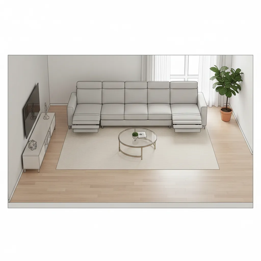 Diagram showing reclining sofa clearance space and walkway distances