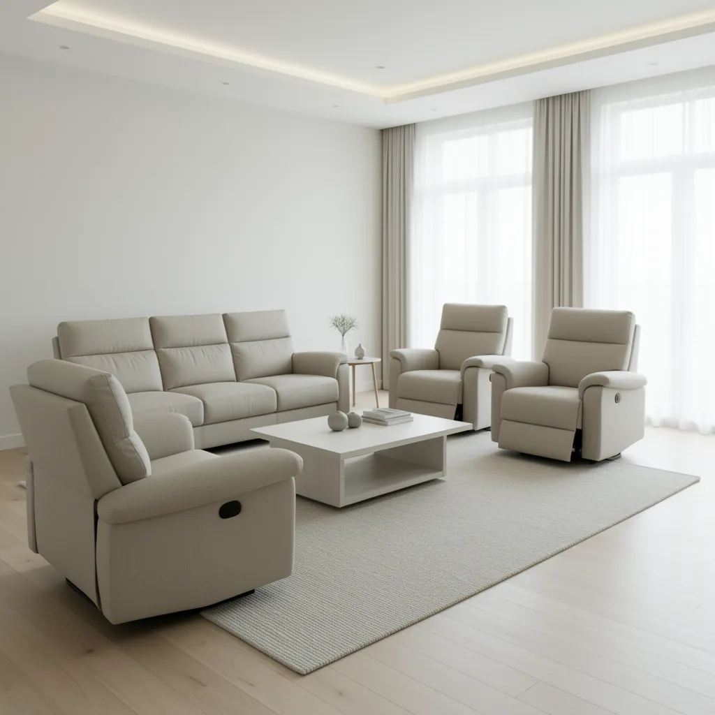 Living room layout with sofa loveseat and recliner arranged together
