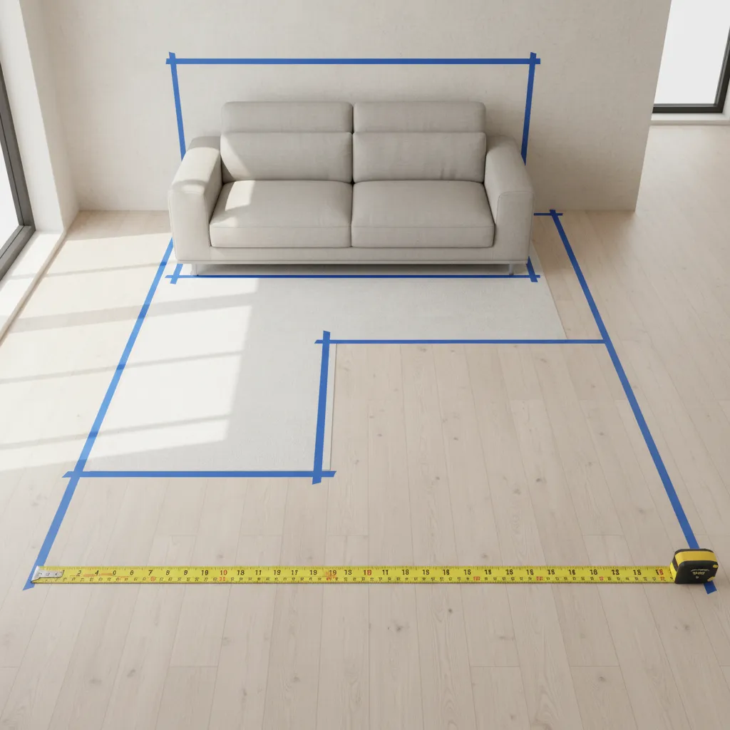 Living room with tape markings showing sofa and recliner extension area