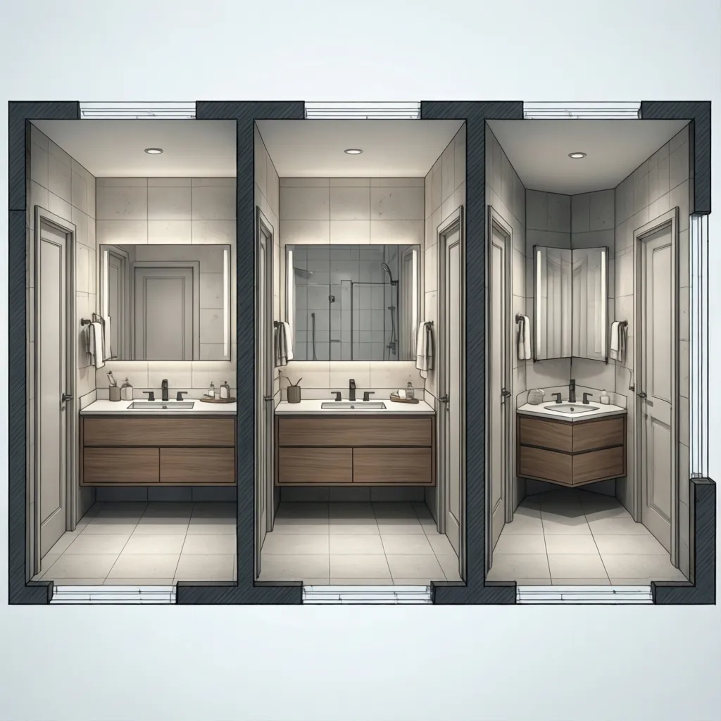 three recommended vanity layout plans for dual entry 8x10 bathroom