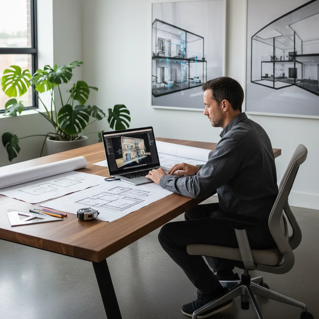 designer reconstructing a building floor plan using digital modeling software