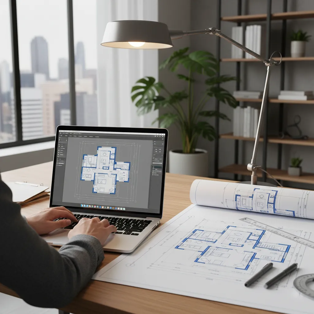 Designer reconstructing blueprint measurements using digital floor planning software