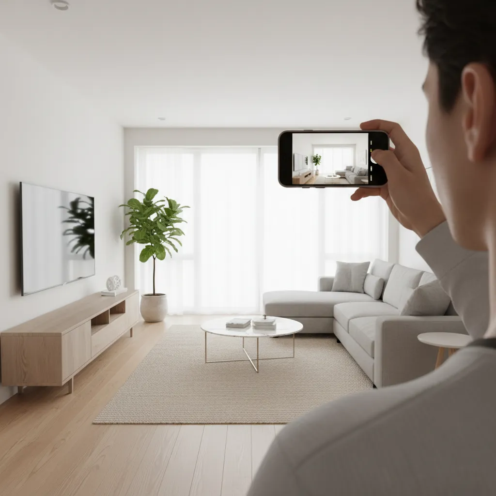 Person recording a living room walkthrough using a smartphone for 3D video capture