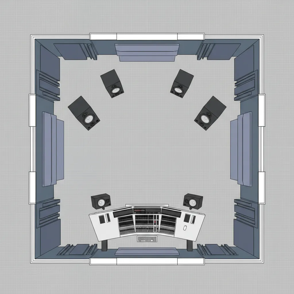 top view recording studio control room floor plan layout with speakers desk and acoustic zones