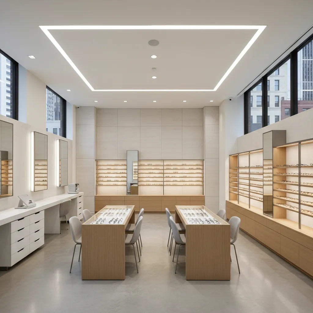 Spacious optical shop with wooden display tables grey chairs large windows and bright square ceiling light