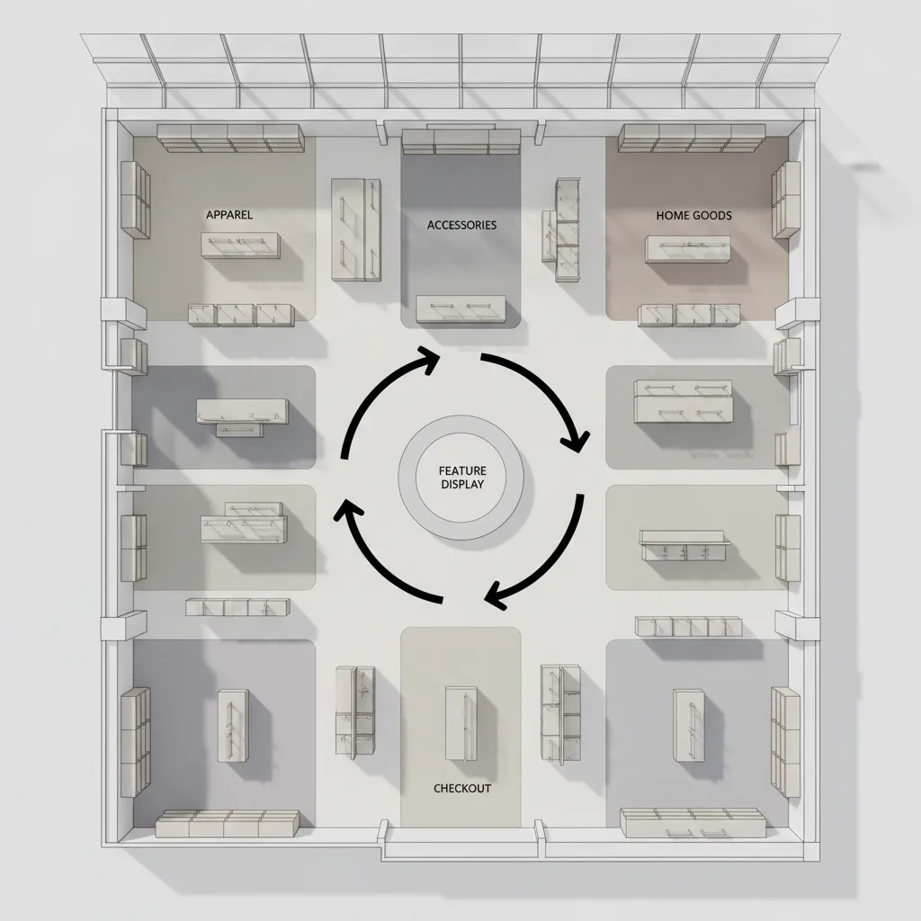 Diagrama visual del recorrido del cliente dentro de una tienda con zonas marcadas