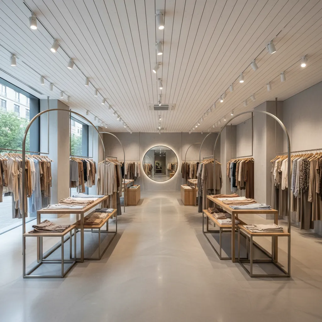 Distribución interior de tienda mostrando recorrido de clientes entre expositores