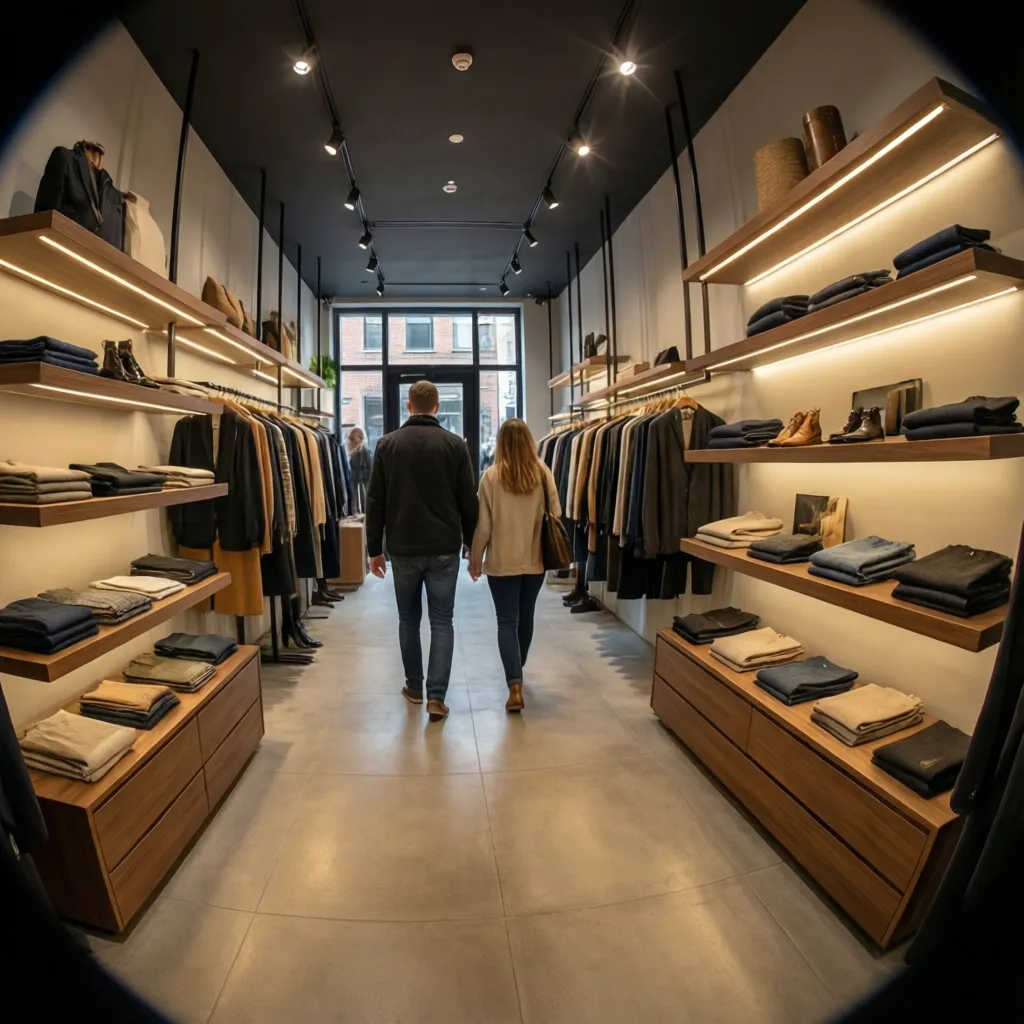 Couple walking in clothing store with wooden wall shelves hanging clothes and black ceiling lights