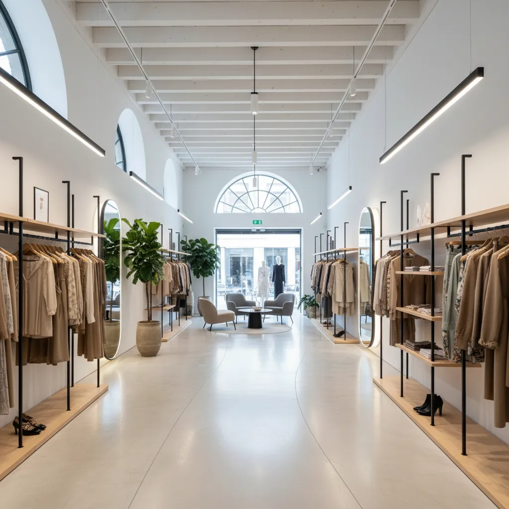 Tienda de ropa con pasillos amplios que guían el recorrido del cliente