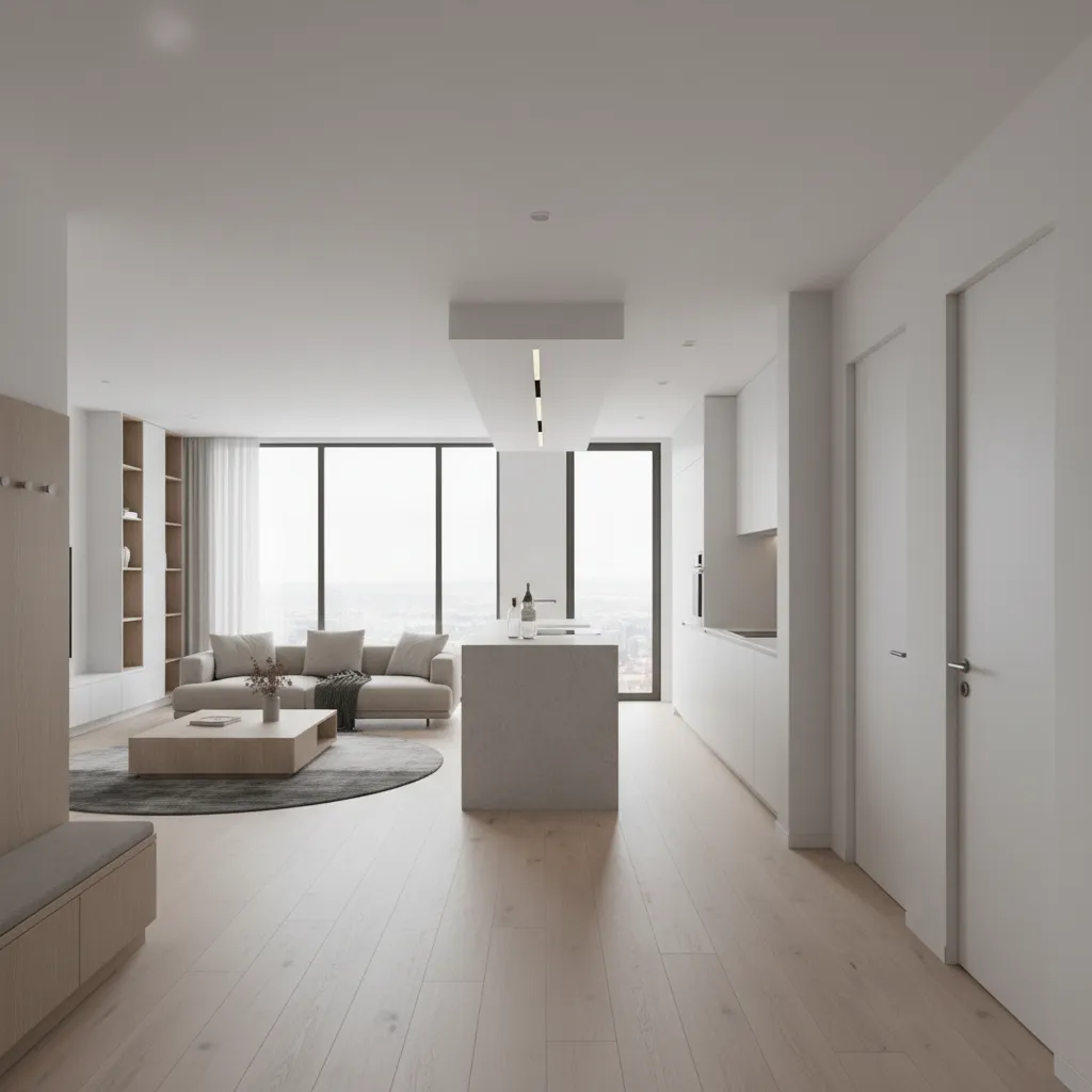 Modern open plan living room with grey sofa wooden floor white kitchen island and natural light
