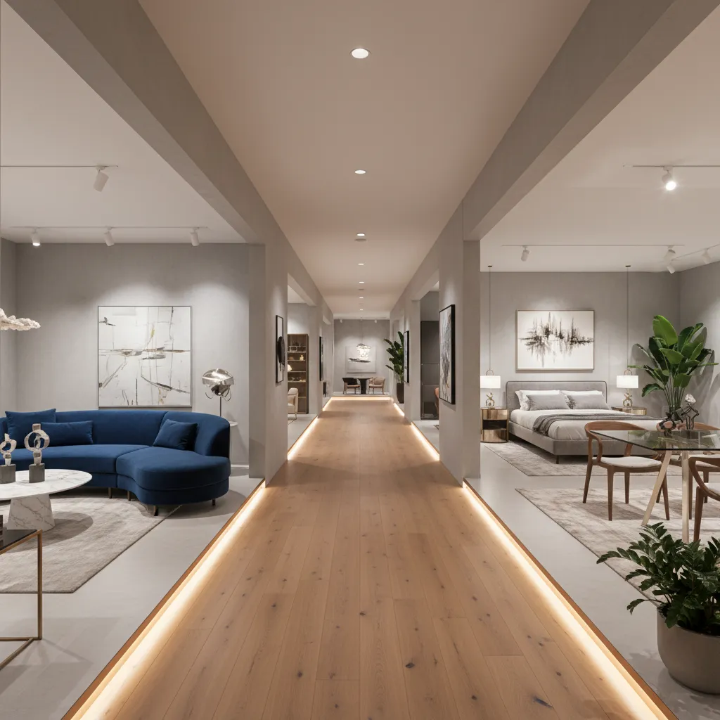 Recorrido interior dentro de un showroom de diseño con diferentes ambientes conectados