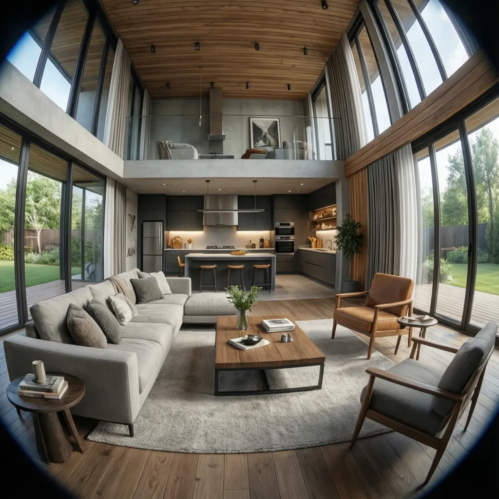 Visualización 3D de una casa moderna creada en un simulador de diseño