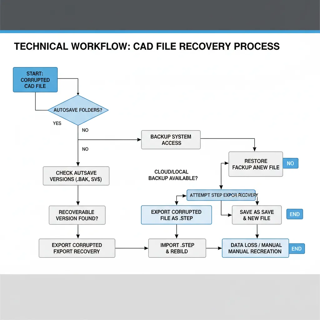 workflow showing CAD file recovery steps and backup versions