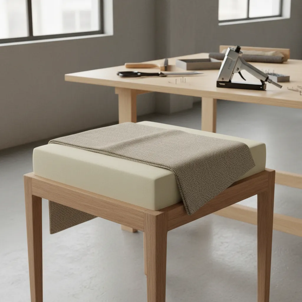 DIY process of recovering a dining chair seat with foam and upholstery fabric