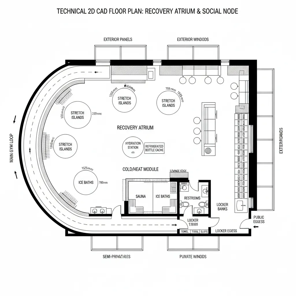 Detailed 2D floor plan for a recovery room with stretch islands, sauna, and ice baths