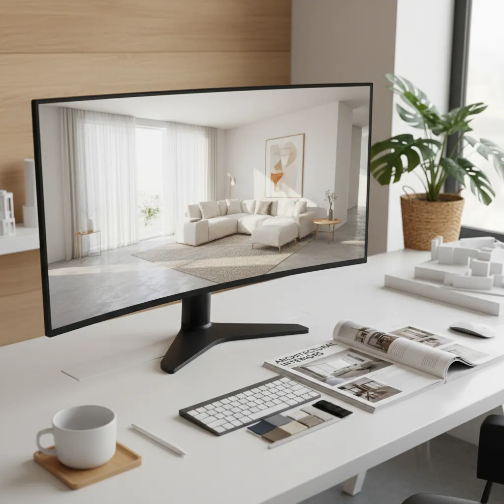 Pantalla mostrando render 3D de un interior inspirado en una revista