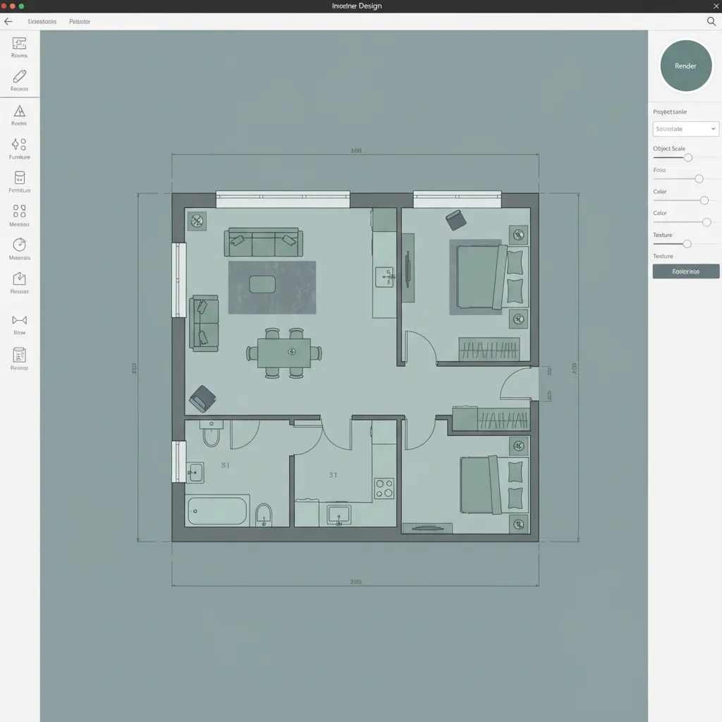 Two bedroom apartment room layout design showing furniture arrangement for living room kitchen and bathroom