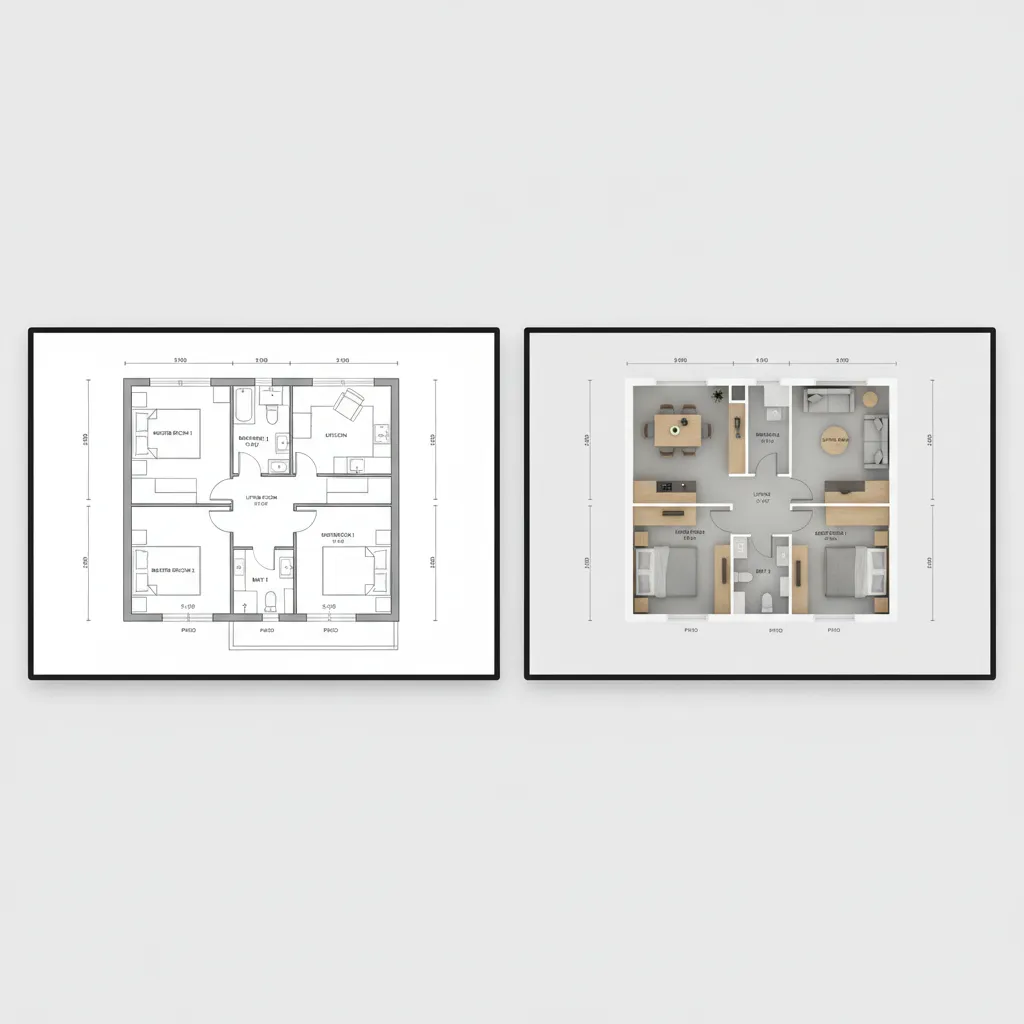 Clean digital floor plan and 3D layout of a residential home after a measured survey