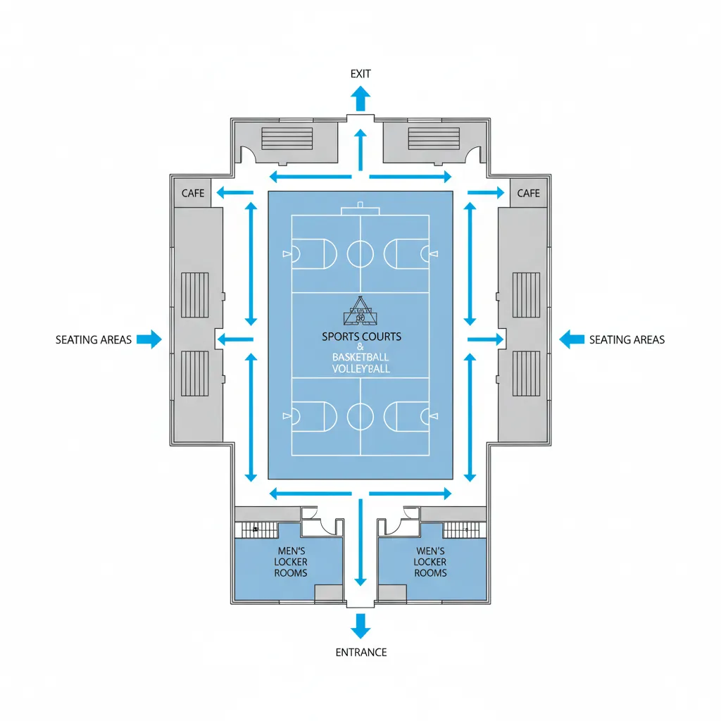 recreation center circulation diagram showing movement paths between courts and locker rooms