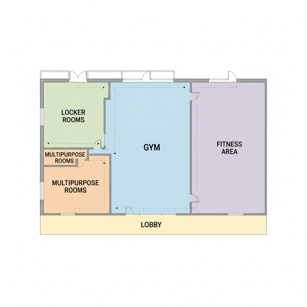 recreation center zoning floor plan showing gym locker rooms and community spaces