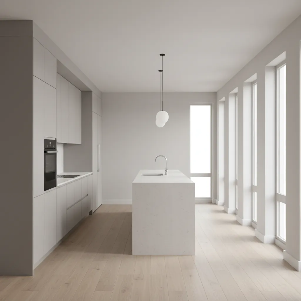 rectangular 12x20 kitchen interior showing long layout proportions