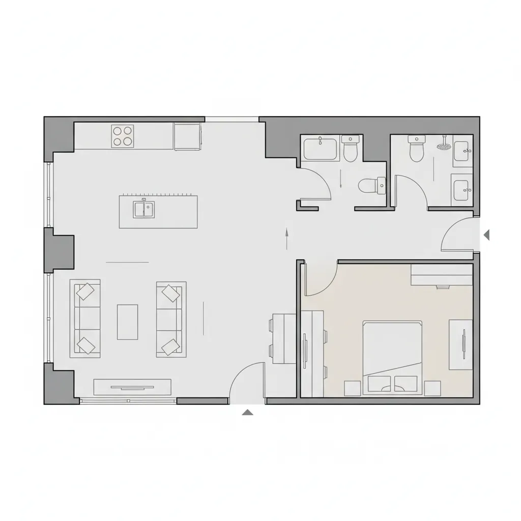 Modern floor plan showing living room kitchen two bathrooms and bedroom with highlighted beige area