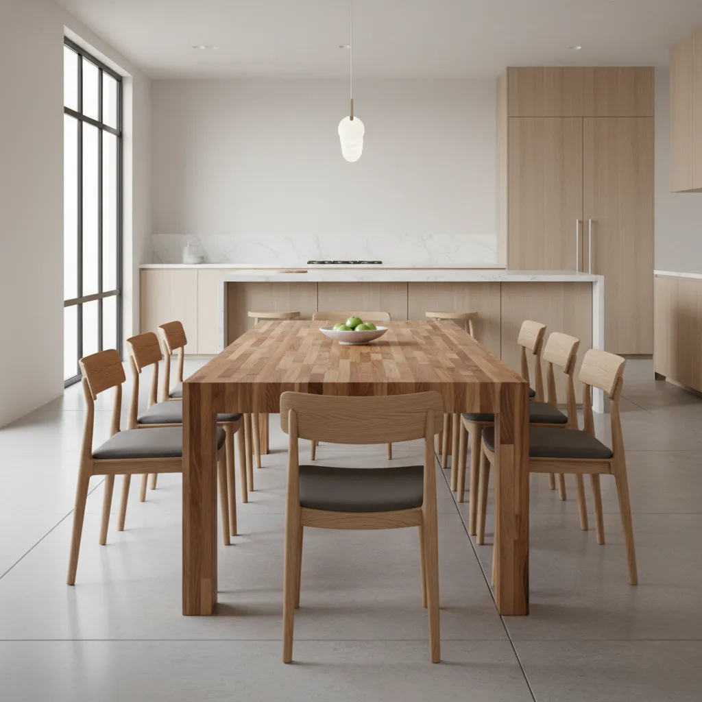 rectangular butcher block kitchen table with evenly spaced chairs