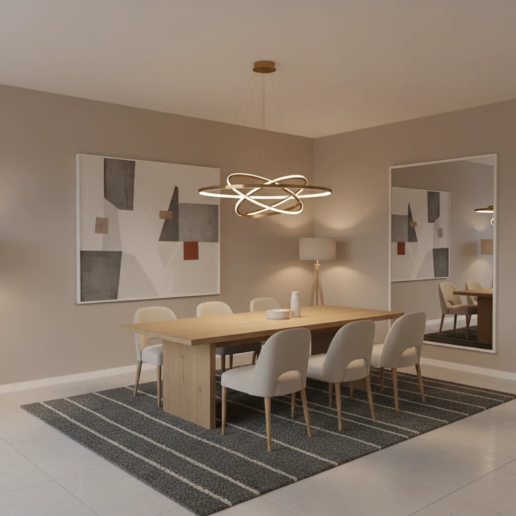 rectangular dining table with centered chandelier at correct height