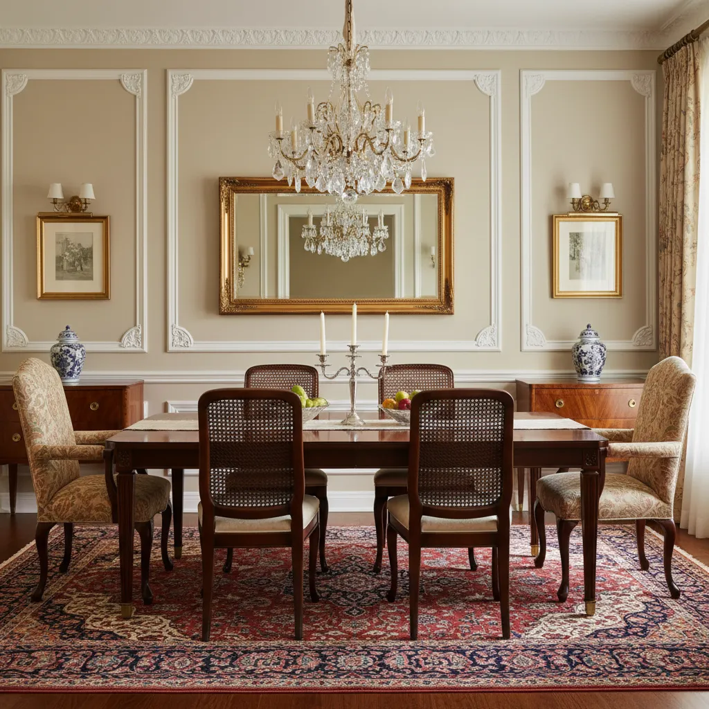 rectangular mirror above dining table in classic dining room