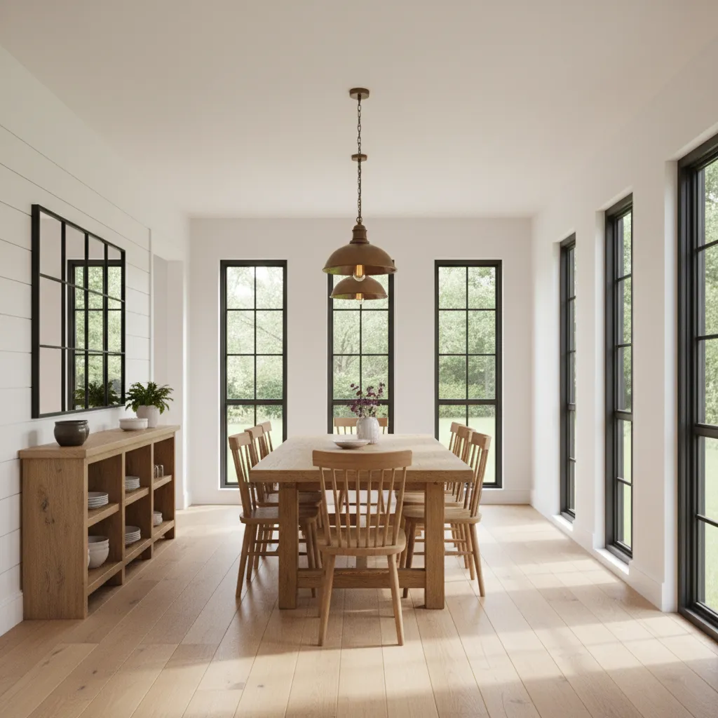 Rectangular dining table layout in a long narrow dining room