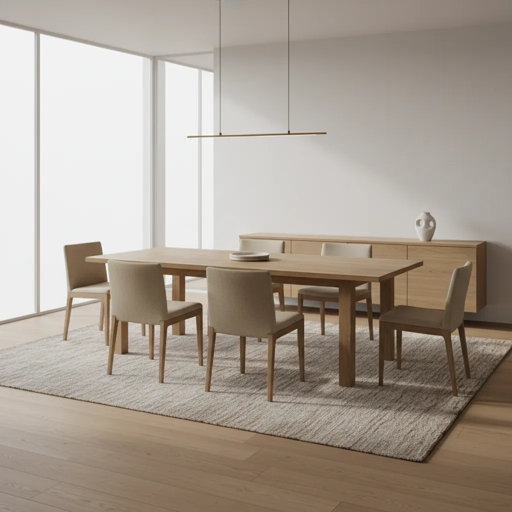 rectangular dining table with chairs fully on a large area rug