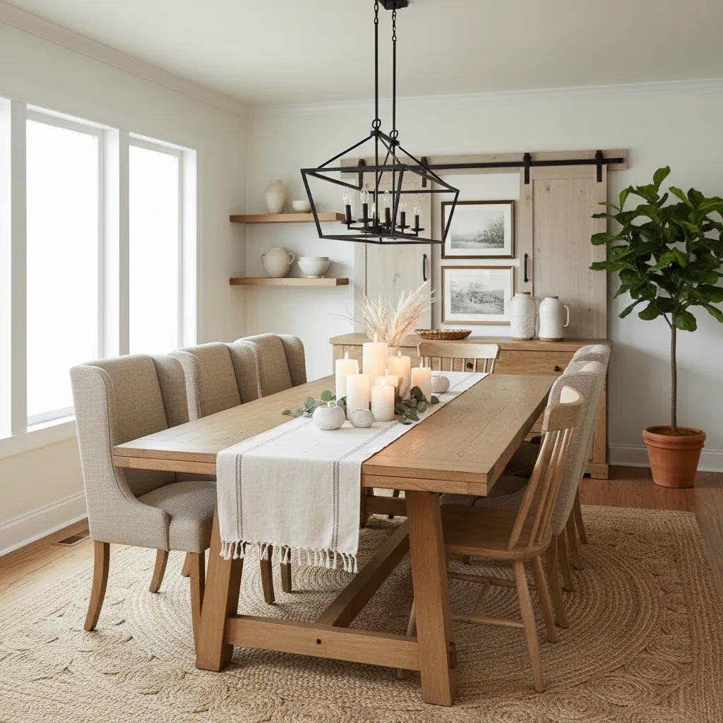 Rectangular dining table with linen runner and candle decor