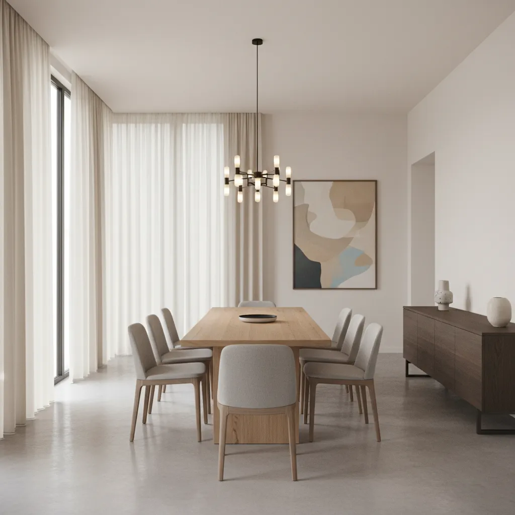 Rectangular dining table placed in a square dining room with buffet cabinet
