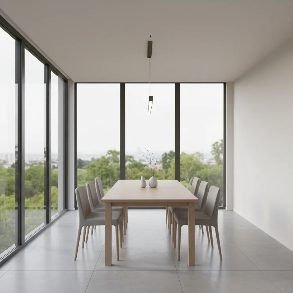 rectangular dining table layout with visible walking space around chairs