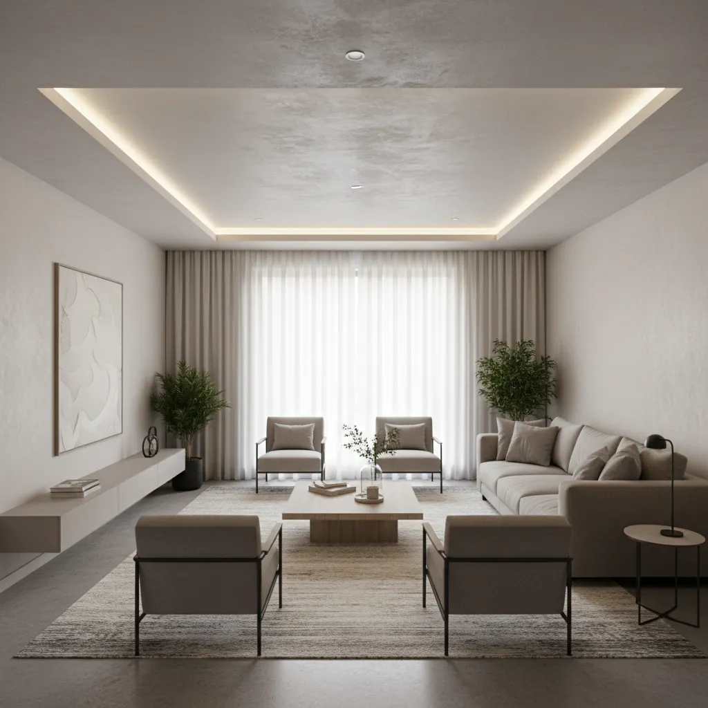 Rectangular living room showing balanced ceiling layout and lighting zones