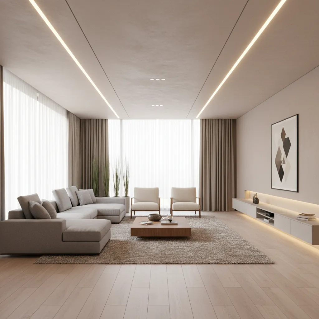 Rectangular living hall with linear POP ceiling design aligned with room length
