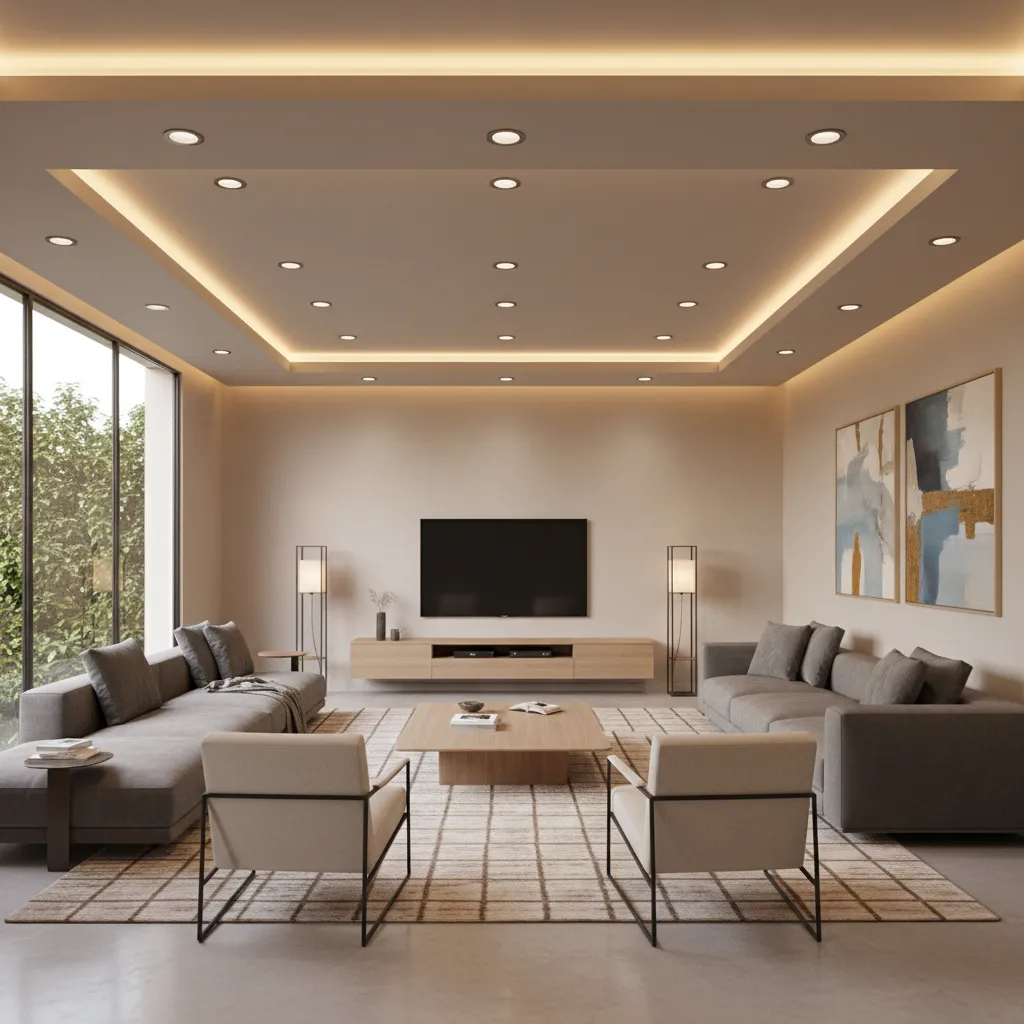 Rectangular living room with POP ceiling layers and balanced lighting